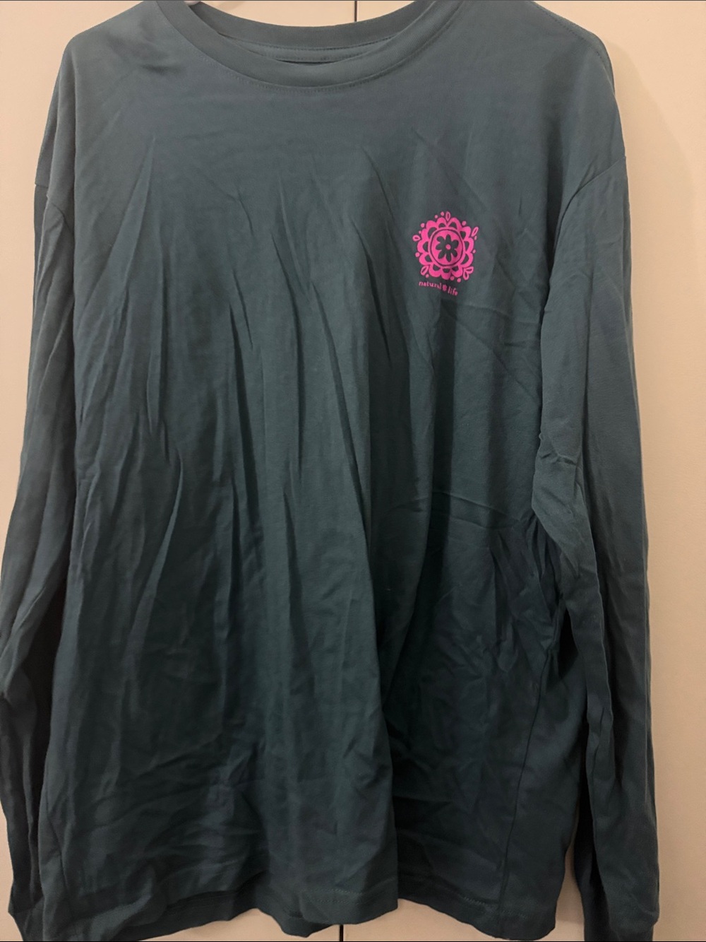 Long-Sleeve Graphic Tee in Teal with Pink Logo